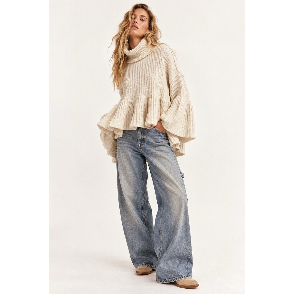 Free People Layer Cake Turtleneck Sweater Cream Ribbed Peplum Small Cropped